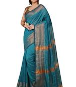 Light Sea Green Zari Border Checked Cotton zori Blend Saree 