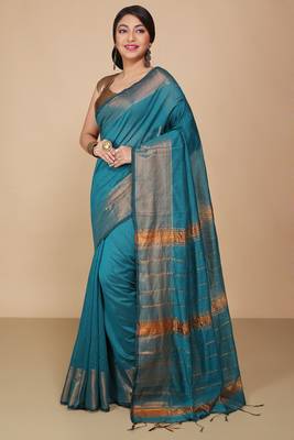 Light Sea Green Zari Border Checked Cotton zori Blend Saree  2