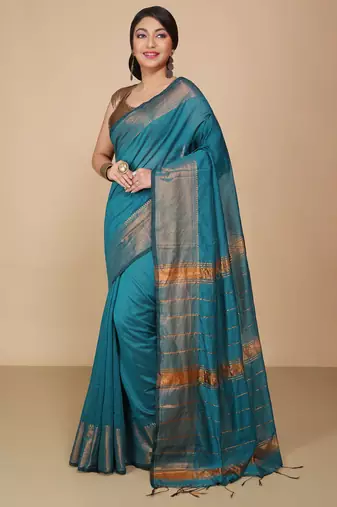Light Sea Green Zari Border Checked Cotton zori Blend Saree 