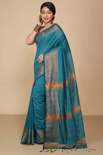 Light Sea Green Zari Border Checked Cotton zori Blend Saree 