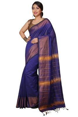Blue Zari Border Checked Cotton zori Blend Saree  1