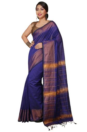 Blue Zari Border Checked Cotton zori Blend Saree 
