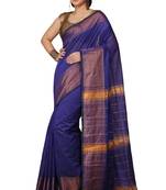 Blue Zari Border Checked Cotton zori Blend Saree 