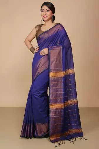 Blue Zari Border Checked Cotton zori Blend Saree 
