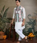 White viscose silk thread embroidered with swarovski work wedding festival party wear straight kurta with jacket