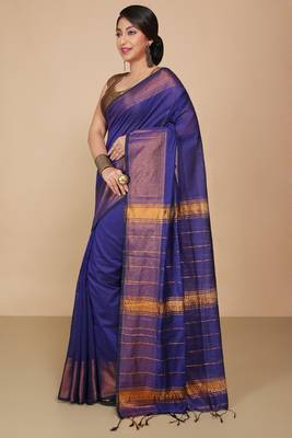 Blue Zari Border Checked Cotton zori Blend Saree  3