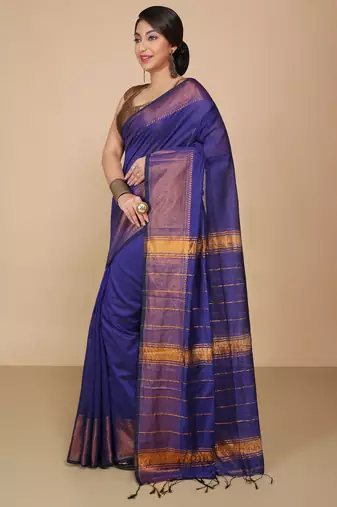 Blue Zari Border Checked Cotton zori Blend Saree 