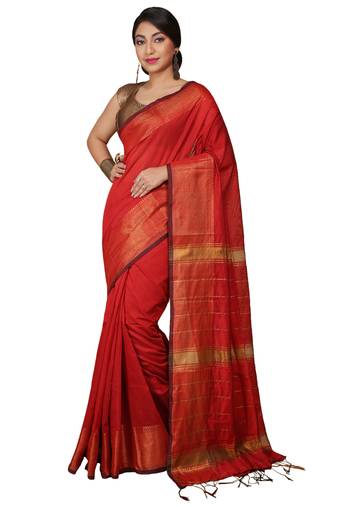 Red Zari Border Checked Cotton zori Blend Saree 