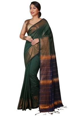 Green Zari Border Checked Cotton zori Blend Saree  1