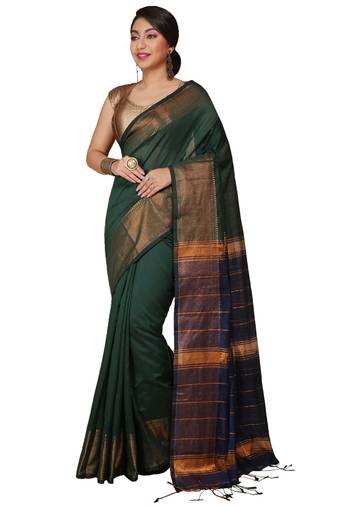 Green Zari Border Checked Cotton zori Blend Saree 
