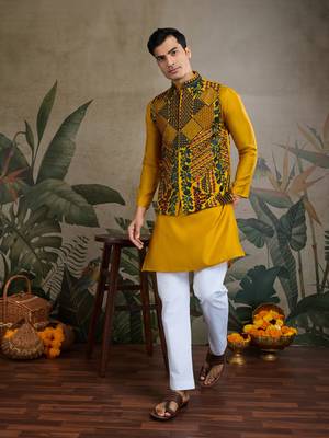 Yellow viscose silk thread embroidered with swarovski work wedding festival party wear straight kurta with jacket 1