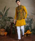 Yellow viscose silk thread embroidered with swarovski work wedding festival party wear straight kurta with jacket