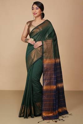 Green Zari Border Checked Cotton zori Blend Saree  2