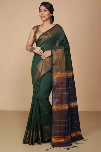 Green Zari Border Checked Cotton zori Blend Saree 