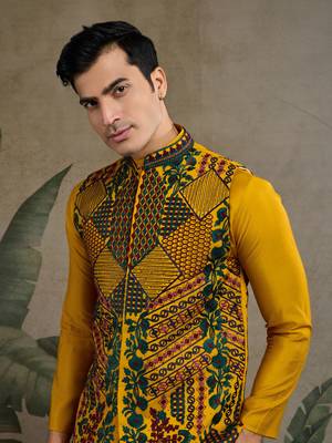 Yellow viscose silk thread embroidered with swarovski work wedding festival party wear straight kurta with jacket 2