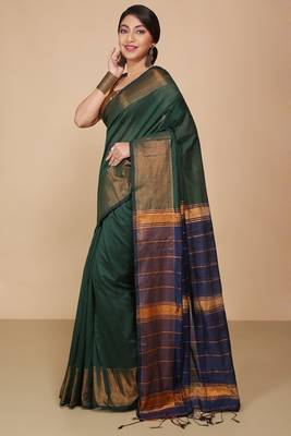 Green Zari Border Checked Cotton zori Blend Saree  3