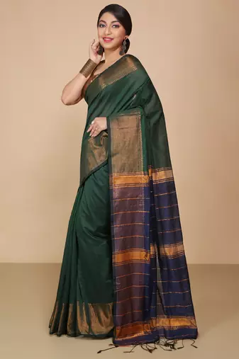 Green Zari Border Checked Cotton zori Blend Saree 