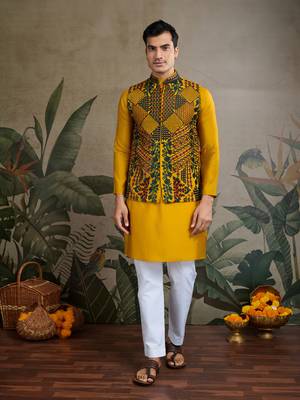 Yellow viscose silk thread embroidered with swarovski work wedding festival party wear straight kurta with jacket 4