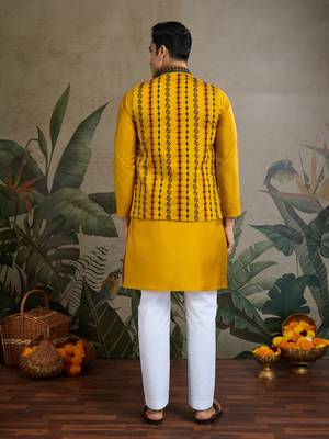 Yellow viscose silk thread embroidered with swarovski work wedding festival party wear straight kurta with jacket 5
