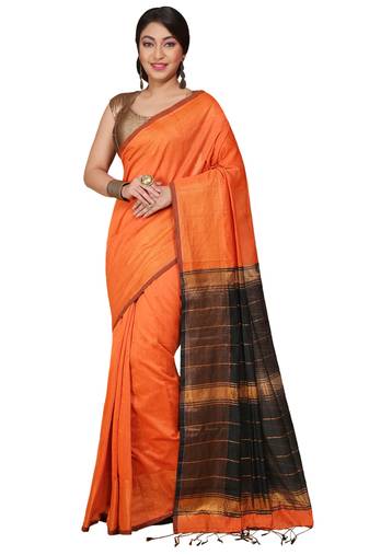 Orange Zari Border Checked Cotton zori Blend Saree 