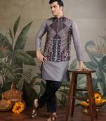 Grey viscose silk thread embroidered with swarovski work wedding festival marriage party wear straight kurta with jacket