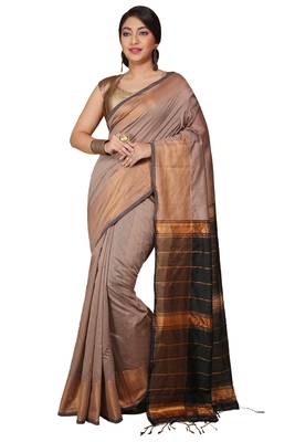 Cream Zari Border Checked Cotton zori Blend Saree  1