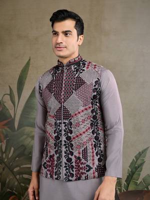 Grey viscose silk thread embroidered with swarovski work wedding festival marriage party wear straight kurta with jacket 3
