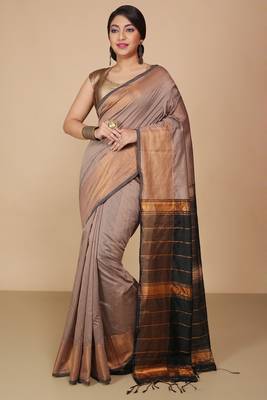 Cream Zari Border Checked Cotton zori Blend Saree  2