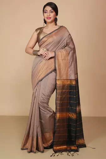 Cream Zari Border Checked Cotton zori Blend Saree 