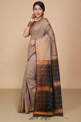 Cream Zari Border Checked Cotton zori Blend Saree  3