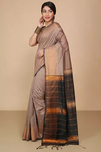 Cream Zari Border Checked Cotton zori Blend Saree 