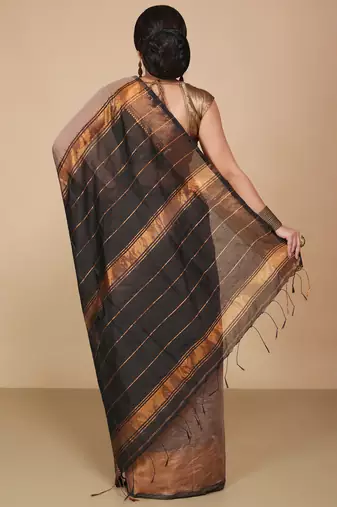 Cream Zari Border Checked Cotton zori Blend Saree 