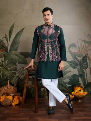 Green viscose silk thread embroidered with swarovski work wedding festival party wear straight kurta with jacket 1
