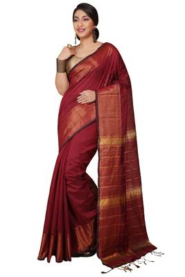 Maroon Zari Border Checked Cotton zori Blend Saree  1