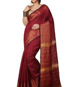 Maroon Zari Border Checked Cotton zori Blend Saree 