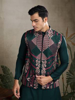 Green viscose silk thread embroidered with swarovski work wedding festival party wear straight kurta with jacket 3