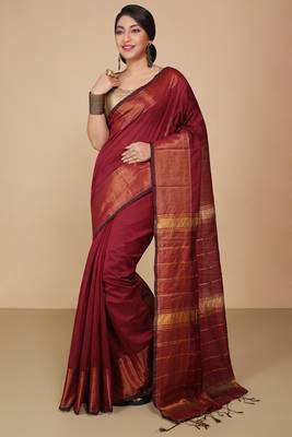 Maroon Zari Border Checked Cotton zori Blend Saree  2