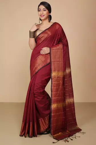 Maroon Zari Border Checked Cotton zori Blend Saree 
