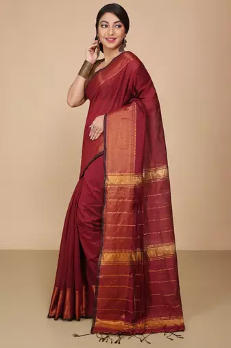 Maroon Zari Border Checked Cotton zori Blend Saree 
