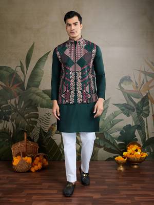 Green viscose silk thread embroidered with swarovski work wedding festival party wear straight kurta with jacket 5