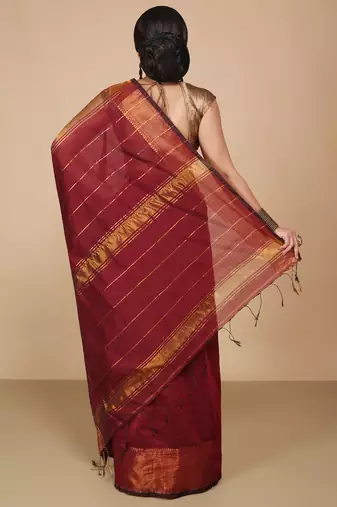 Maroon Zari Border Checked Cotton zori Blend Saree 