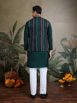 Green viscose silk thread embroidered with swarovski work wedding festival party wear straight kurta with jacket 6