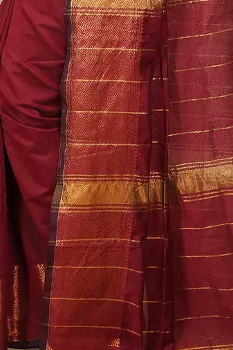 Maroon Zari Border Checked Cotton zori Blend Saree 
