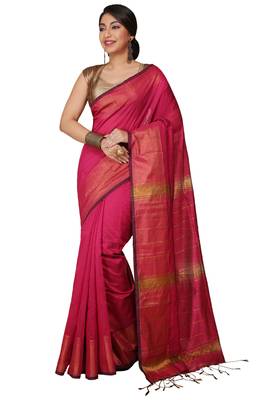 Pink Zari Border Checked Cotton zori Blend Saree  2