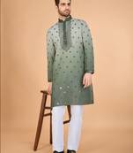 Light green viscose silk thread & sequins embroidered work wedding festival party wear straight kurta