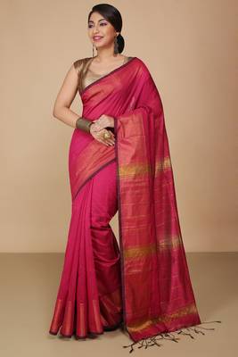 Pink Zari Border Checked Cotton zori Blend Saree  3