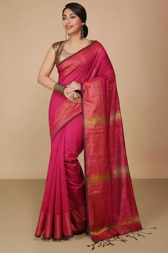 Pink Zari Border Checked Cotton zori Blend Saree 