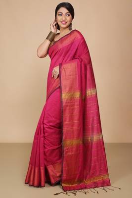 Pink Zari Border Checked Cotton zori Blend Saree  4