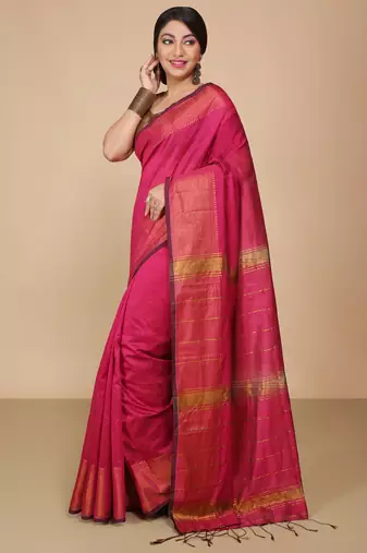 Pink Zari Border Checked Cotton zori Blend Saree 