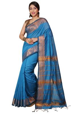 Turquoise Zari Border Checked Cotton zori Blend Saree   1